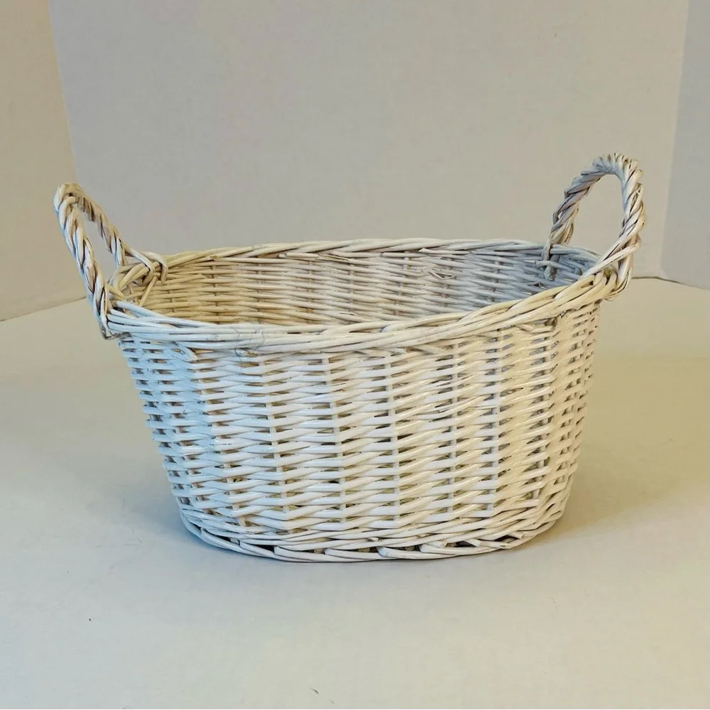 White Wicker Basket with Removable Green Cloth Snowflake Trimmed Lining